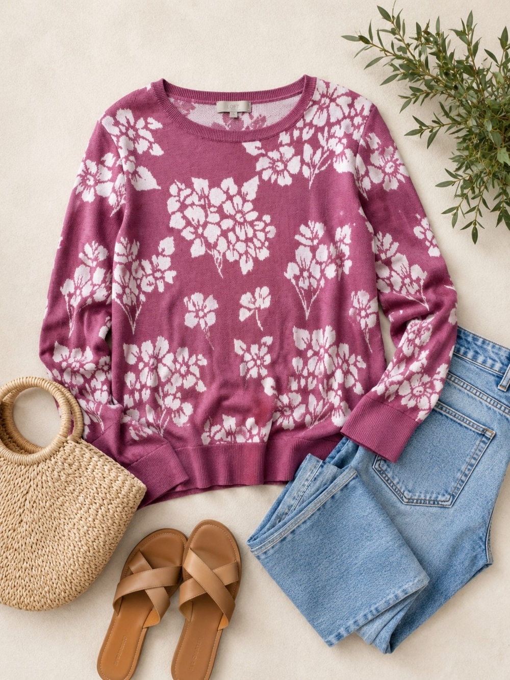 LOFT Pink and Cream Floral Knit Sweater Size XL
